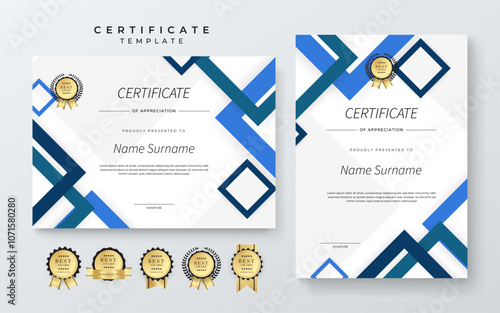 Colorful Geometric Shape Certificate Template For Appreciation and Achievement. Features geometric shapes and award icons, perfect for professional or educational achievements