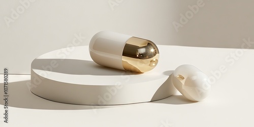 A detailed view of a beauty capsule set against a plain white backdrop, showcasing its features and design in a striking manner.