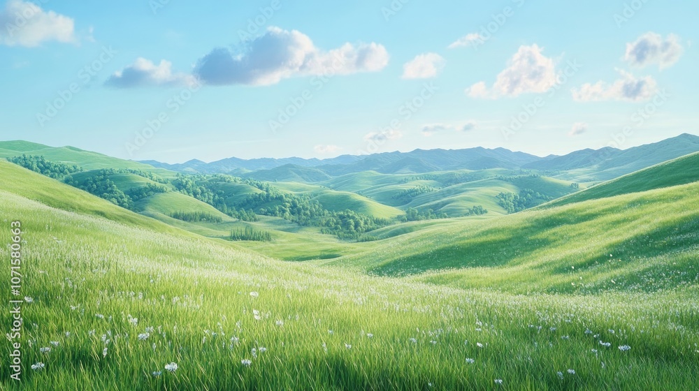 Naklejka premium A tranquil scene of rolling hills and valleys beneath a clear blue sky. The lush fields stretch toward the horizon, evoking a serene natural atmosphere with ample copy space.