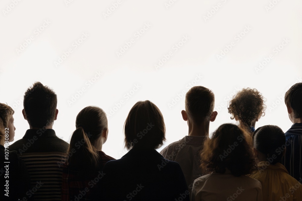 Photograph showing the back view of people's silhouettes with a white background Photograph showing the back view of people's silhouettes with a white background