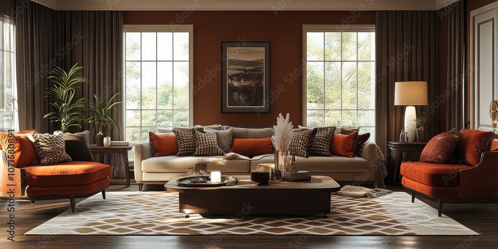 Opulent living room design featuring a palette of warm hues creates an inviting and comfortable atmosphere, highlighting luxury and stylish elegance throughout the space.