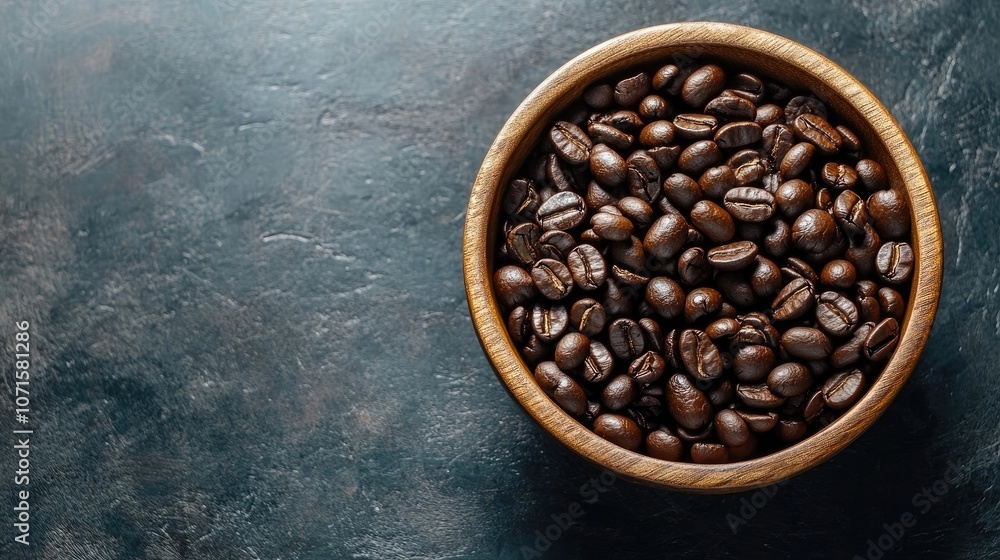 Fototapeta premium Wooden bowl filled with raw coffee beans placed on a desk, perfect for capturing the essence of coffee. Coffee beans are beautifully arranged in the wooden bowl, providing ample copy space.