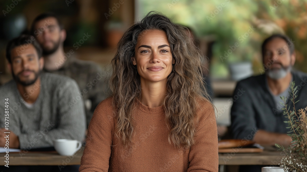 Obraz premium A photo of a woman leader presenting to her team in a modern office, her hands slightly raised to emphasize her points. Her team members are seated around her, each focused on her words, creating