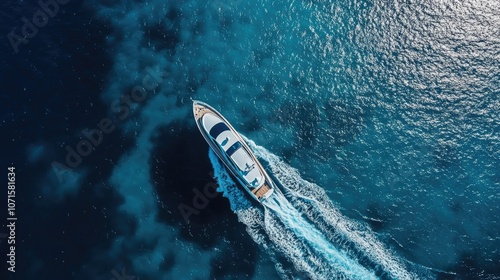 Speed scow motoryacht cruising on the ocean, with a spacious master cabin. This image highlights a luxurious motoryacht ideal for ocean adventures, with ample copy space.