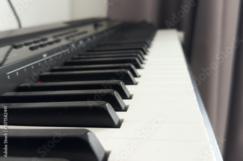 Close up piano keyboard musical instrument. White and black key tuts isolated on horizontal ratio background.