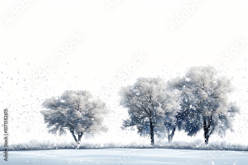 Three snow-covered trees stand in a snowy field with falling snow in the background.