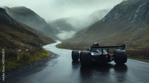 Gunmetal Gray F1 Racer in Misty Scottish Mountains: Dramatic Lighting, Long Shadows, and Atmospheric Effects Create a Cinematic Photorealistic Scene.