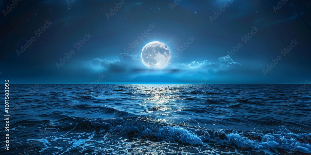 a moon over water with clouds and a blue sky a moon over water with clouds and a blue sky
