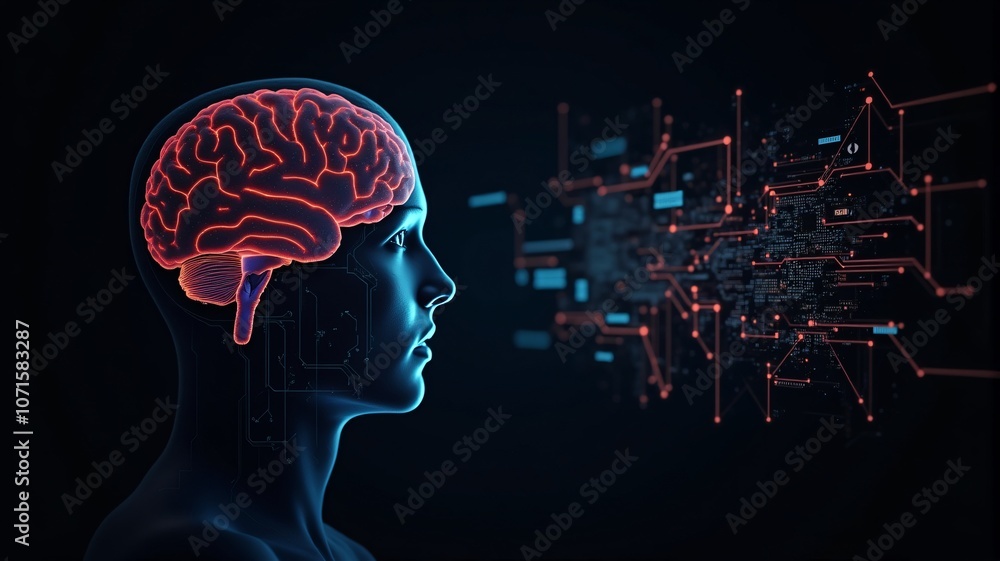 Obraz premium Human Brain vs. Artificial Intelligence: Big Data Processing and Computer Motherboard Concept, Pastel Black Background, Embodying Education, Knowledge, and Creativity with Copy Space