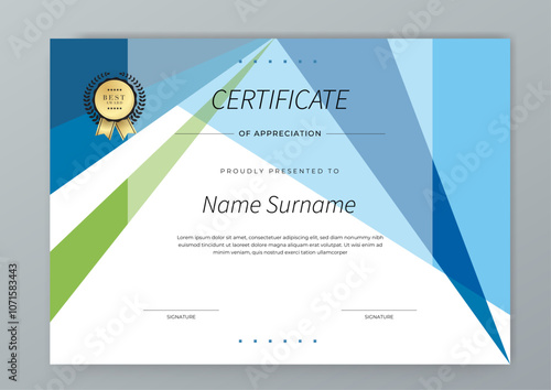 Colorful Geometric Shape Certificate Template For Appreciation and Achievement. Features geometric shapes and award icons, perfect for professional or educational achievements