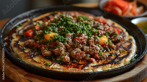 Traditional Northern Chinese moo shu pork stirfried pork scrambled eggs and vegetables served with thin pancakes and hoisin photo