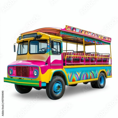 Colorful bus with open roof and seats. photo