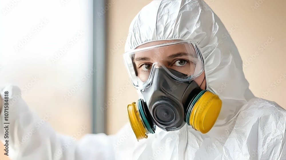 A person wearing a protective suit and respirator, suggesting a focus on safety and health in potentially hazardous environments. A person wearing a protective suit and respirator, suggesting a focus on safety and health in potentially hazardous environments.