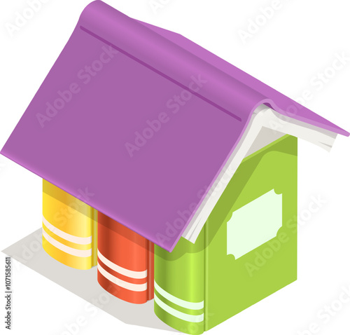 Open book acts as a roof, sheltering three colorful books underneath, creating a cozy and inviting image of knowledge and learning in this isometric vector illustration