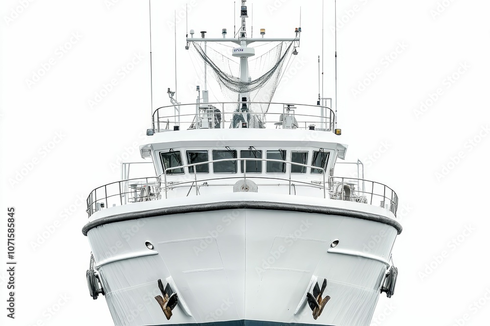 Fototapeta premium White boat with two anchors and a bridge.