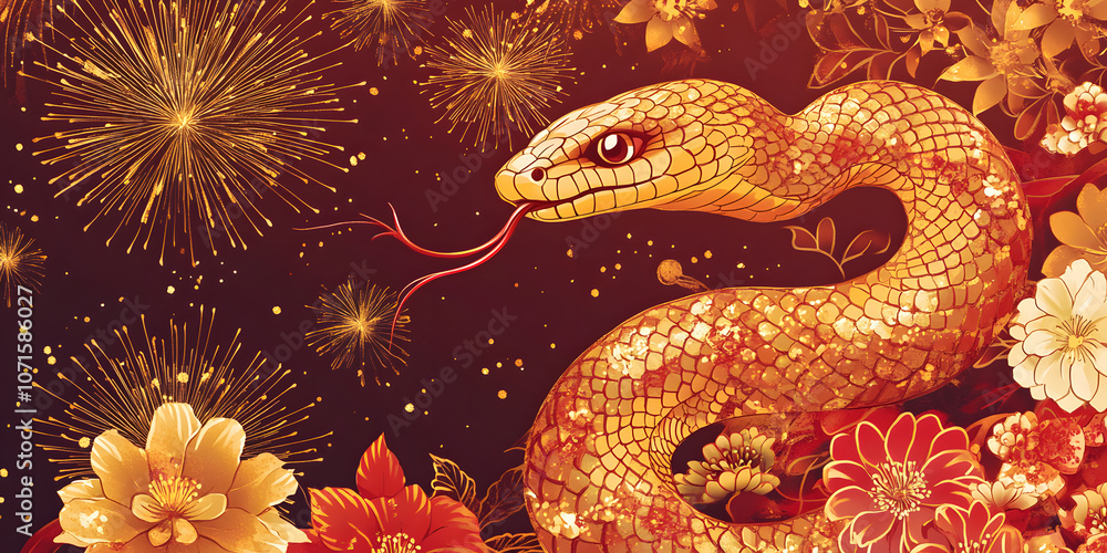 Fototapeta premium Gorgeous and luxurious Chinese Year of the Snake hand-painted artwork, illustration, wallpaper, commercial poster, poster, background, Chinese New Year, snake, year of the snake, 2025, zodiac，gold