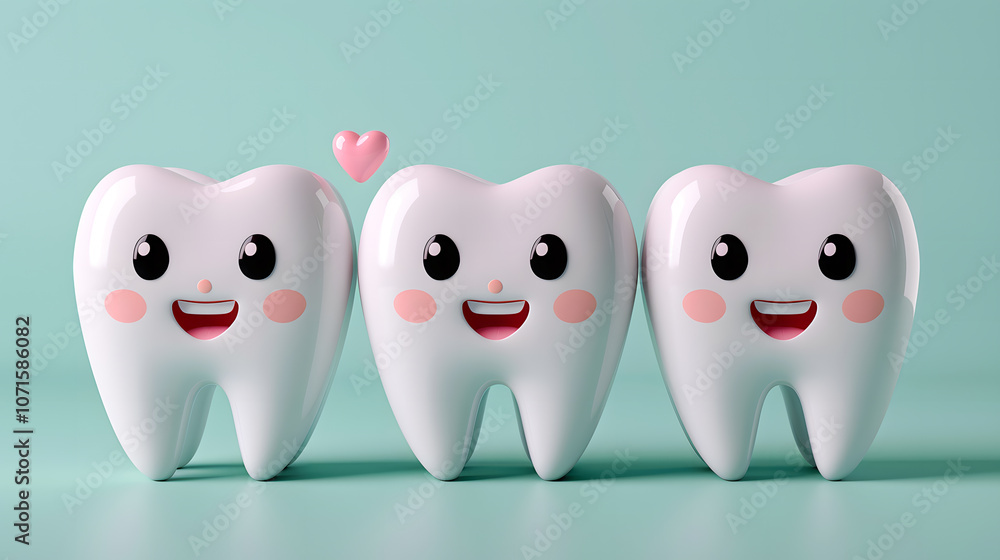 Obraz premium Cheerful smiling tooth characters: bright and playful dental concept on turquoise background
