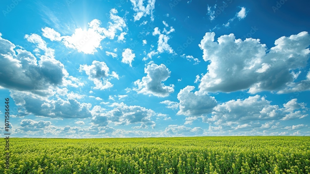 Fototapeta premium Radiant grain fields stretch out under a vibrant blue sky adorned with fluffy clouds, creating a picturesque scene of natural beauty with ample space for photo composition.