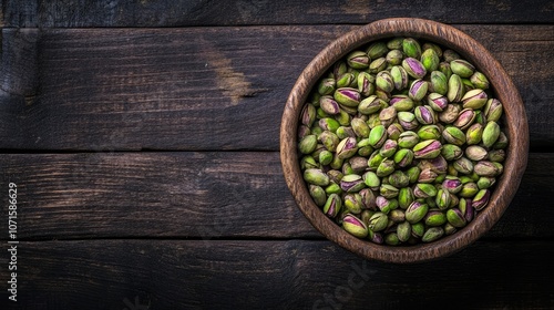 Raw pistachio nuts in a wooden bowl, captured in a natural setting, highlight the unique texture and color of the pistachio nuts, with ample copy space for design use.