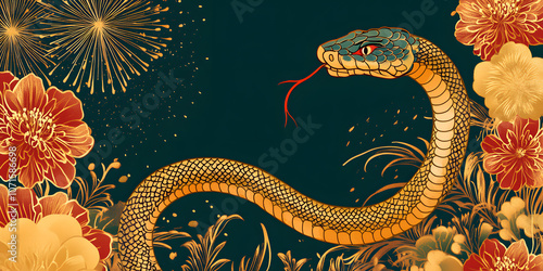  Gorgeous and luxurious Chinese Year of the Snake hand-painted artwork, illustration, wallpaper, commercial poster, poster, background, Chinese New Year, snake, year of the snake, 2025, zodiac，gold photo