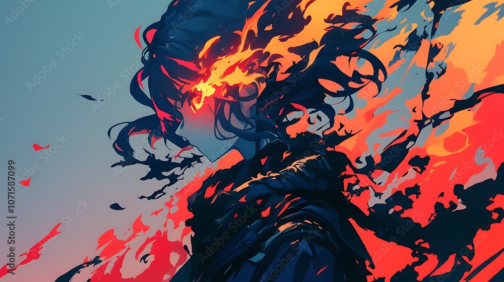 a woman with a fiery aura and burning eyes, colorful anime style a woman with a fiery aura and burning eyes, colorful anime style