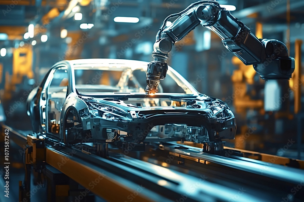 Robotic arm is welding the body of a car on an assembly line in a modern automated car factory, showcasing advanced manufacturing technology Robotic arm is welding the body of a car on an assembly line in a modern automated car factory, showcasing advanced manufacturing technology