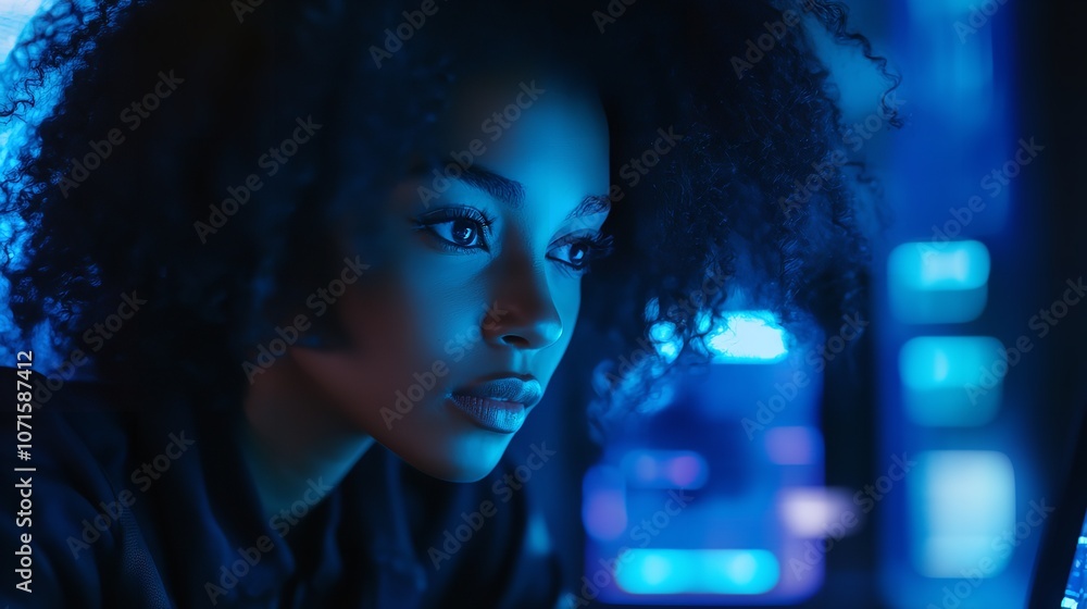 Black female cyber security analyst analysing AI cyberspace Stock ...