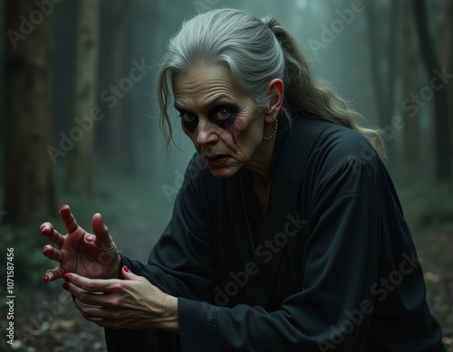 Old scary witch preparing a...