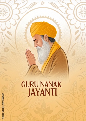 Guru Nanak Jayanti Celebration: Spiritual Illustration with Ek Onkar, Guru Nanak Dev Ji, Radiant Aura, and Sacred Sikh Pattern photo