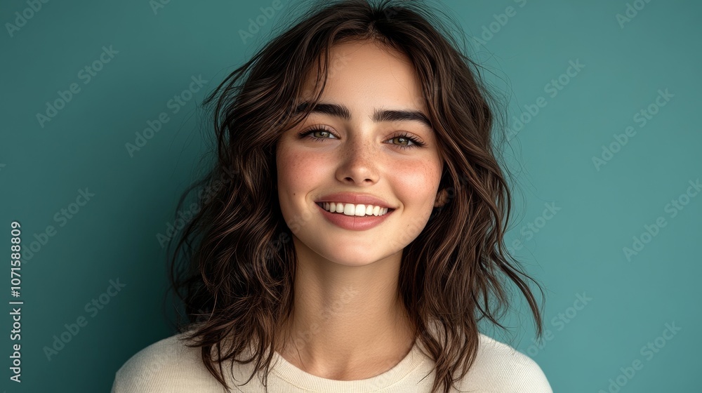 Beautiful Smiling Woman Portrait Teal Background Happy Healthy Beautiful Smiling Woman Portrait Teal Background Happy Healthy