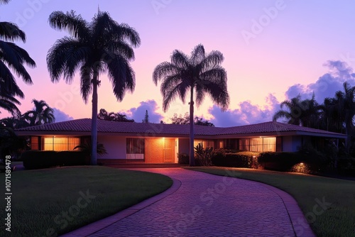 Modern Suburban Home with Landscaped Yard and Cozy Evening Lighting, Peaceful Ambiance and Tranquil Setting