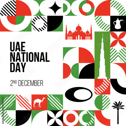 UAE National Day Banner. December 2 United Arab Emirates national day greeting card design. Modern pattern, poster template. Vector Illustration.
