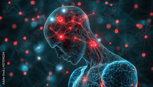 Nerve Inflammation Glowing Red Illustration Depicting Pain, Neurological Disorder, Sensory System, Sciatica, Neuralgia, Neuropathic Pain, Nerve Damage, Chronic Pain, Medical Illustration, Anatomy