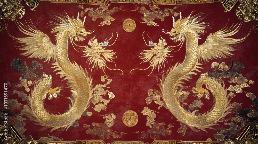 Fototapeta premium An ornate Chinese screen featuring gold dragons and phoenixes, with a rich red background and ample space to add a New Year greeting.