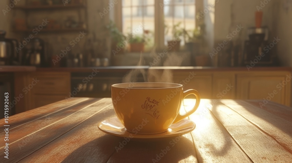 Obraz premium Peaceful Morning Coffee Cup with Steam Flowing in Natural Light, Cozy Kitchen Interior with Warm Sunlight and Sunbeams, Rustic Wooden Table, and Green Plants, Minimalist Aesthetic, Tranquility