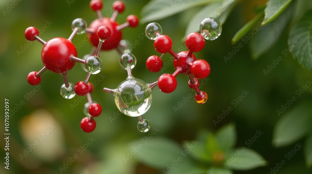 Fototapeta premium Molecular Structure with Dew Drops on Green Foliage