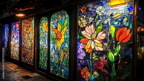 Vibrant Stained Glass Panels with Intricate Floral Motifs in a Cozy Workshop Atmosphere