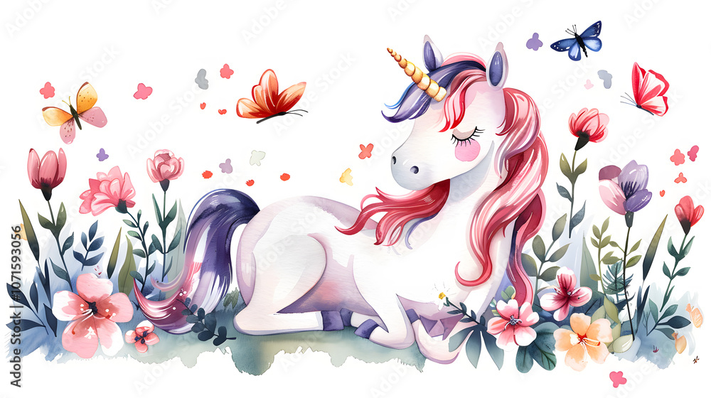 Obraz premium Cute unicorn with flowers and butterflies isolated on a white background. Watercolor illustration