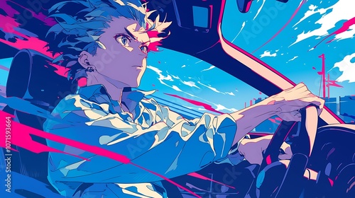 the anime man in the car was driving at high speed, colorful anime style