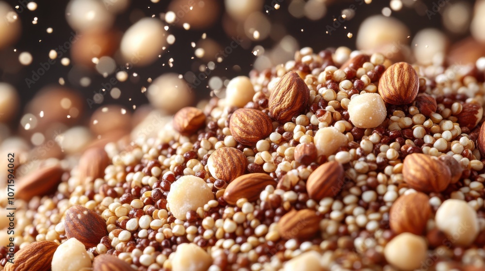 Fototapeta premium Quinoa and Mixed Nuts Breakfast Bowl Energizing, Wholesome, and Delicious Start your day with this nutrient-rich blend of quinoa, almonds, macadamia nuts, and a sprinkle of sweetness A perfect