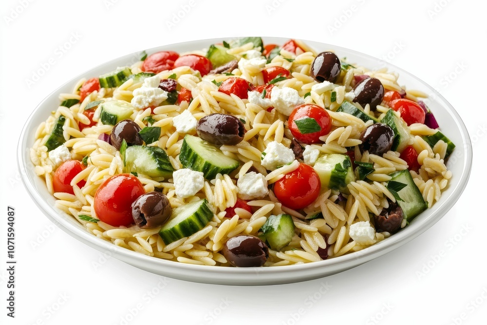 Orzo pasta salad with tomatoes, olives, and feta. Orzo pasta salad with tomatoes, olives, and feta.