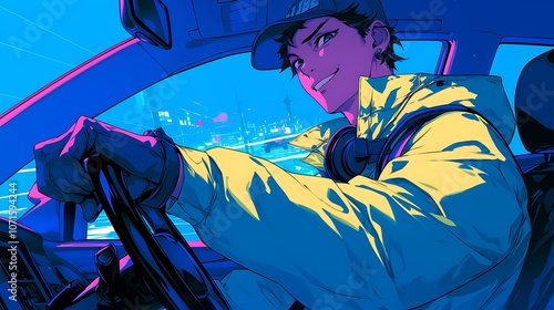 the anime man in the car was driving at high speed, colorful anime style