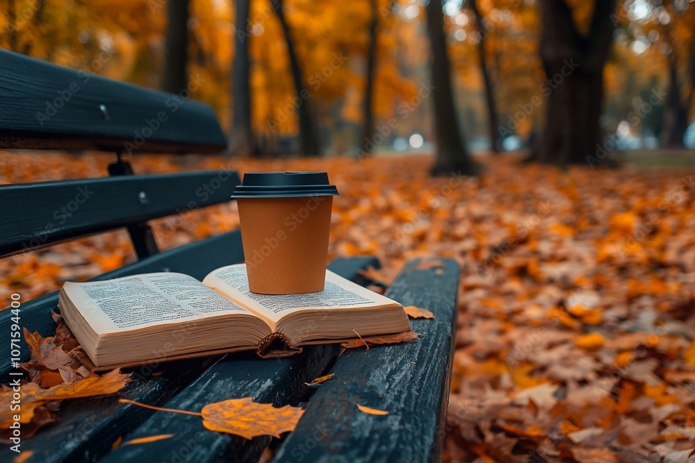 Fototapeta premium A book, open on an old wooden bench in the park with autumn leaves scattered around it,