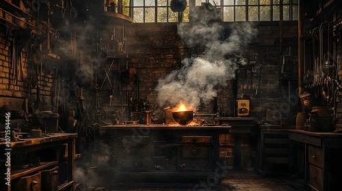 Metalsmith s Workshop with Billowing Smoke and Mesmerizing Sparks photo