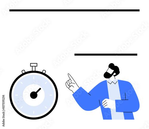 Stopwatch man pointing upwards black and blue colors. Ideal for time management, business, deadlines, productivity, efficiency, punctuality, goals. Line metaphor