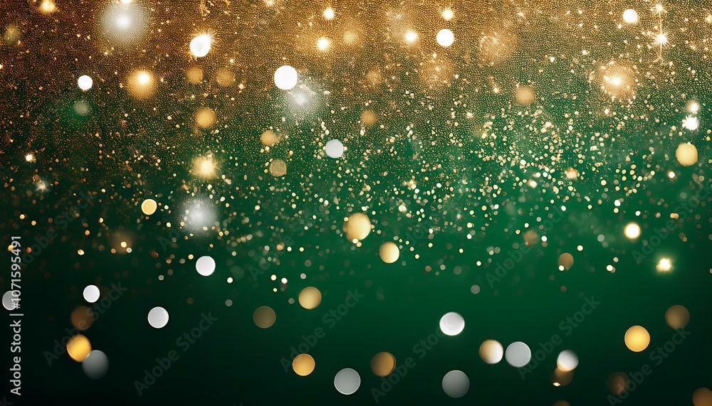 Obraz premium ダークグリーンの背景にゴールドとシルバーのスパークルがランダムに輝き、温かみと落ち着きを感じさせるクリスマスシーズンにぴったりのテクスチャ。 