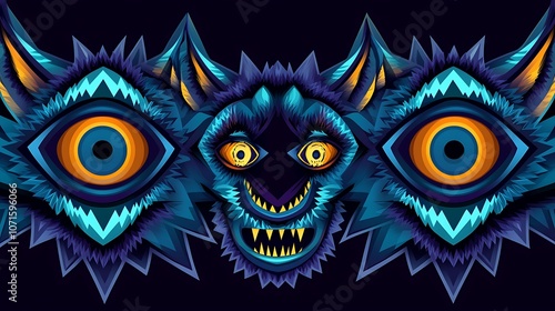 Wallpaper Mural A blue and yellow monster with three eyes and a big smile in a dark background. Torontodigital.ca