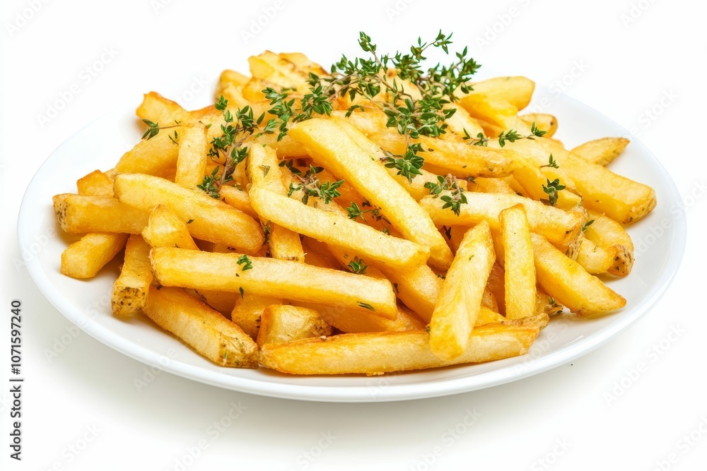 Crispy fries with thyme on a white plate. Crispy fries with thyme on a white plate.