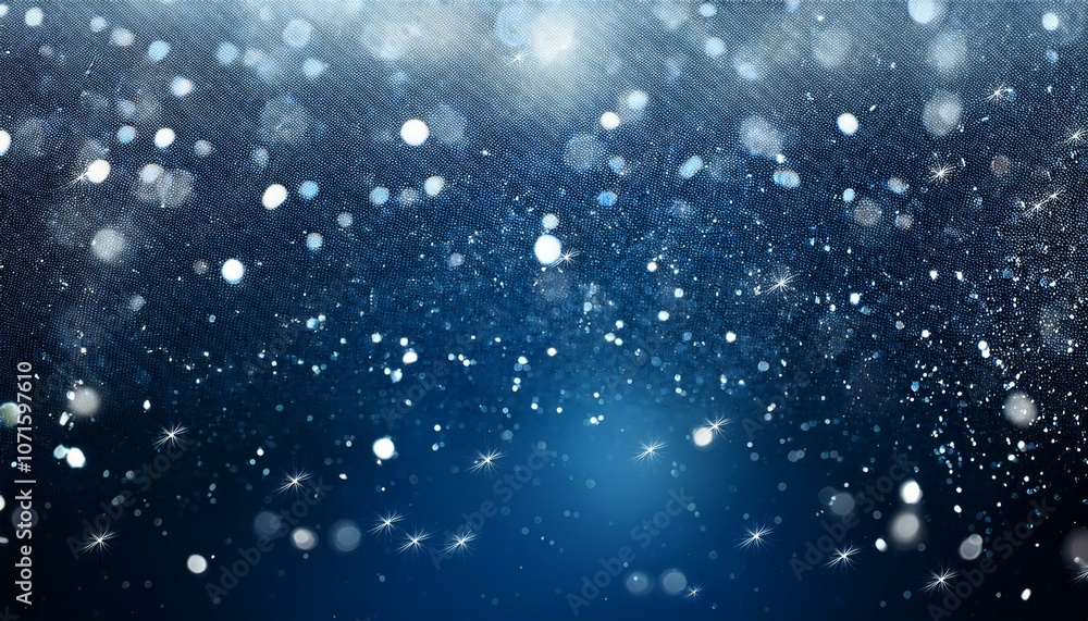 Obraz premium 冬の夜空に雪のように舞い散るシルバーとブルーのスパークル。深い青の背景が一層その輝きを引き立て、幻想的な美しさを感じさせるテクスチャ。