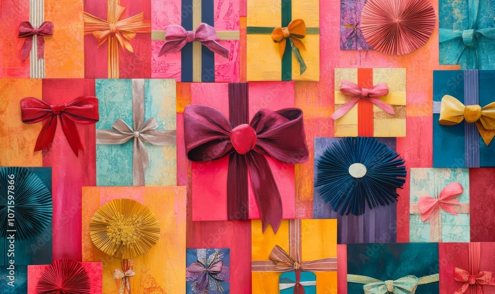 Fototapeta premium Celebrate in style with our vibrant banner featuring a multitude of gift boxes adorned with velvet ribbons and paper decorations